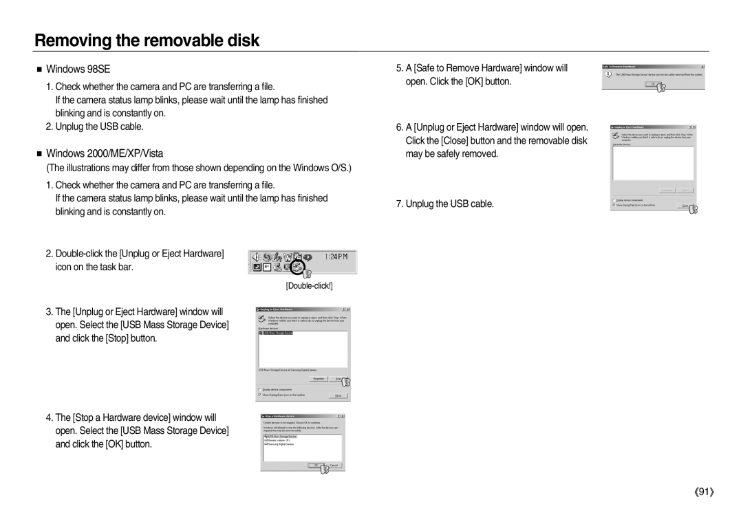 Samsung EC-NV20ZBBD/AS, EC-NV20ZSBA/E3, EC-NV20ZSBA/FR Removing the removable disk, Windows 98SE, Windows 2000/ME/XP/Vista 