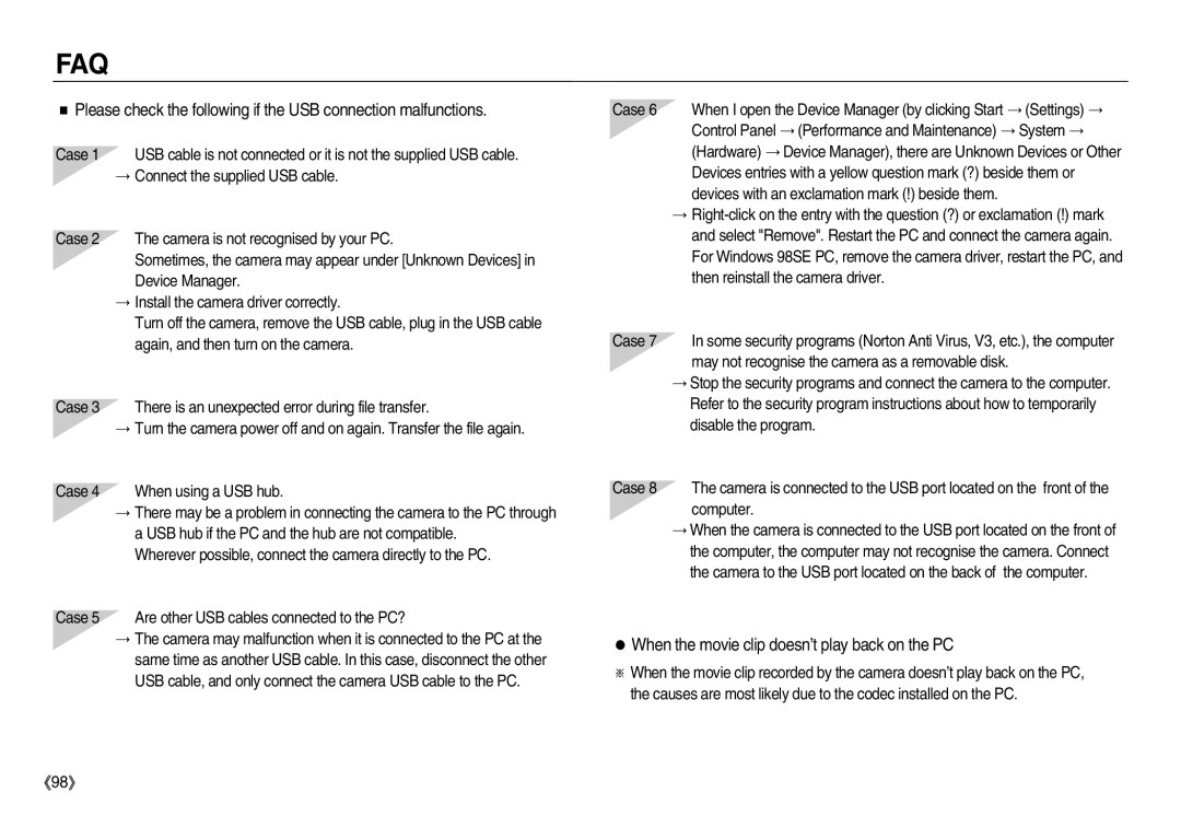 Samsung EC-NV20ZBBC/E1, EC-NV20ZSBA/E3, EC-NV20ZSBA/FR, EC-NV20ZBBA/FR Faq, When the movie clip doesn’t play back on the PC 