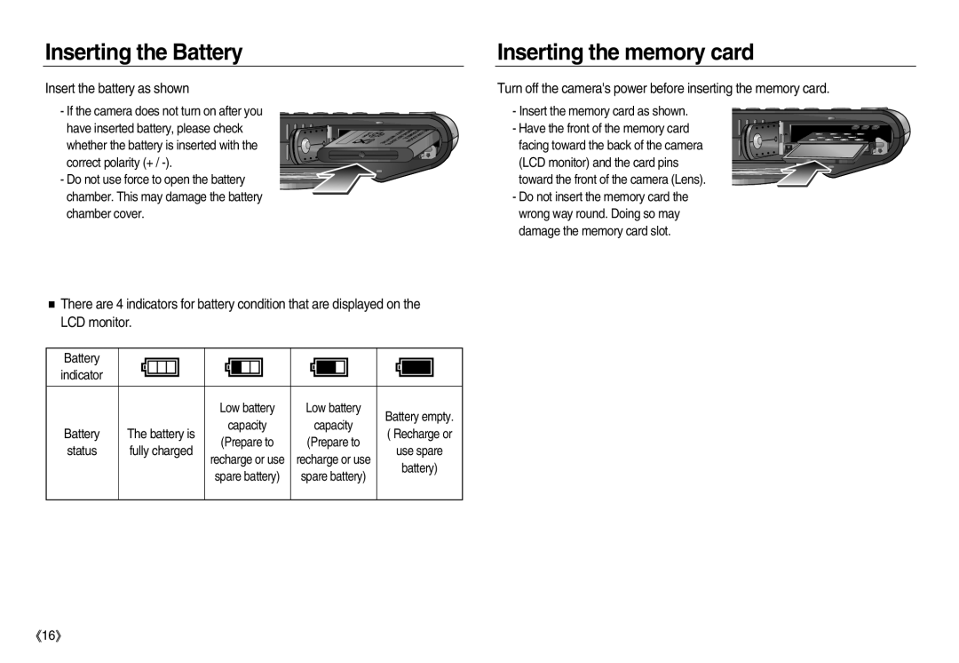 Samsung EC-NV20ZBBA/SP, EC-NV20ZSBA/E3 manual Inserting the Battery, Inserting the memory card, Insert the battery as shown 