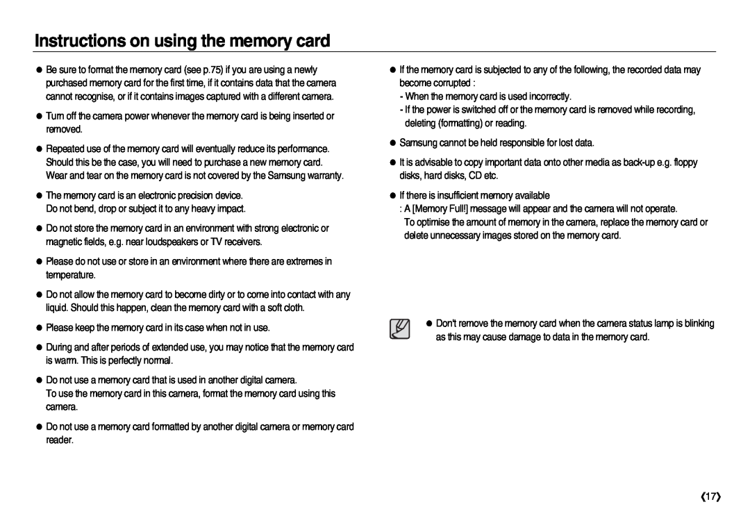 Samsung EC-NV20ZBBA/US, EC-NV20ZSBA/E3, EC-NV20ZSBA/FR, EC-NV20ZBBA/FR, EC-NV20ZSBA/E1 Instructions on using the memory card 