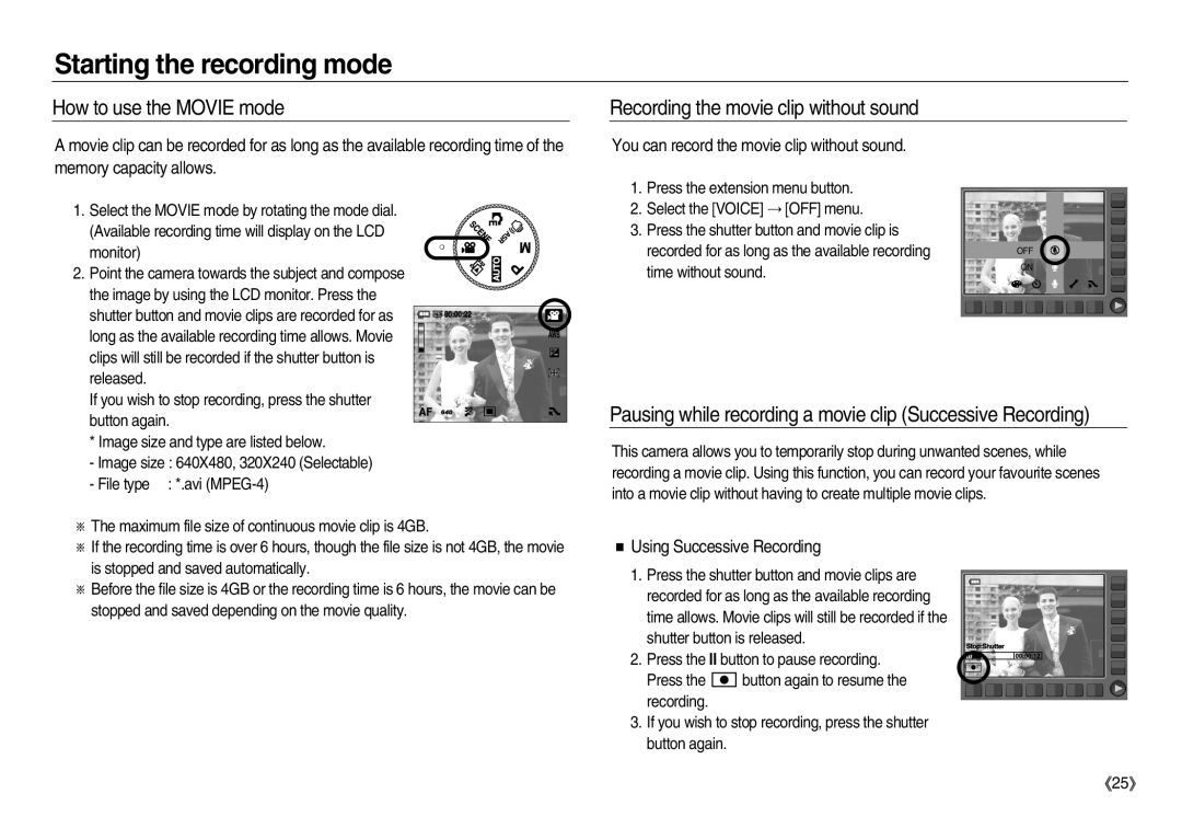 Samsung EC-NV20ZBBA/TR manual How to use the MOVIE mode, Recording the movie clip without sound, Using Successive Recording 