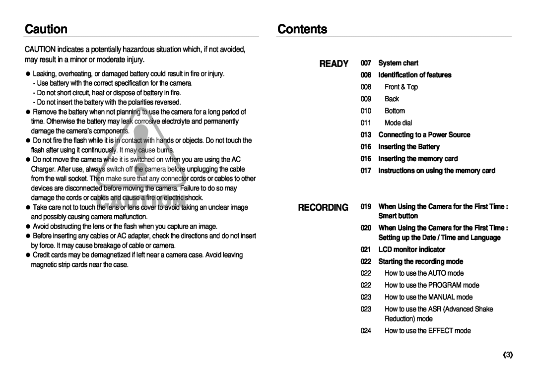 Samsung EC-NV20ZBBA/E3 manual Contents, READY 007 System chart 008 Identification of features, Inserting the memory card 