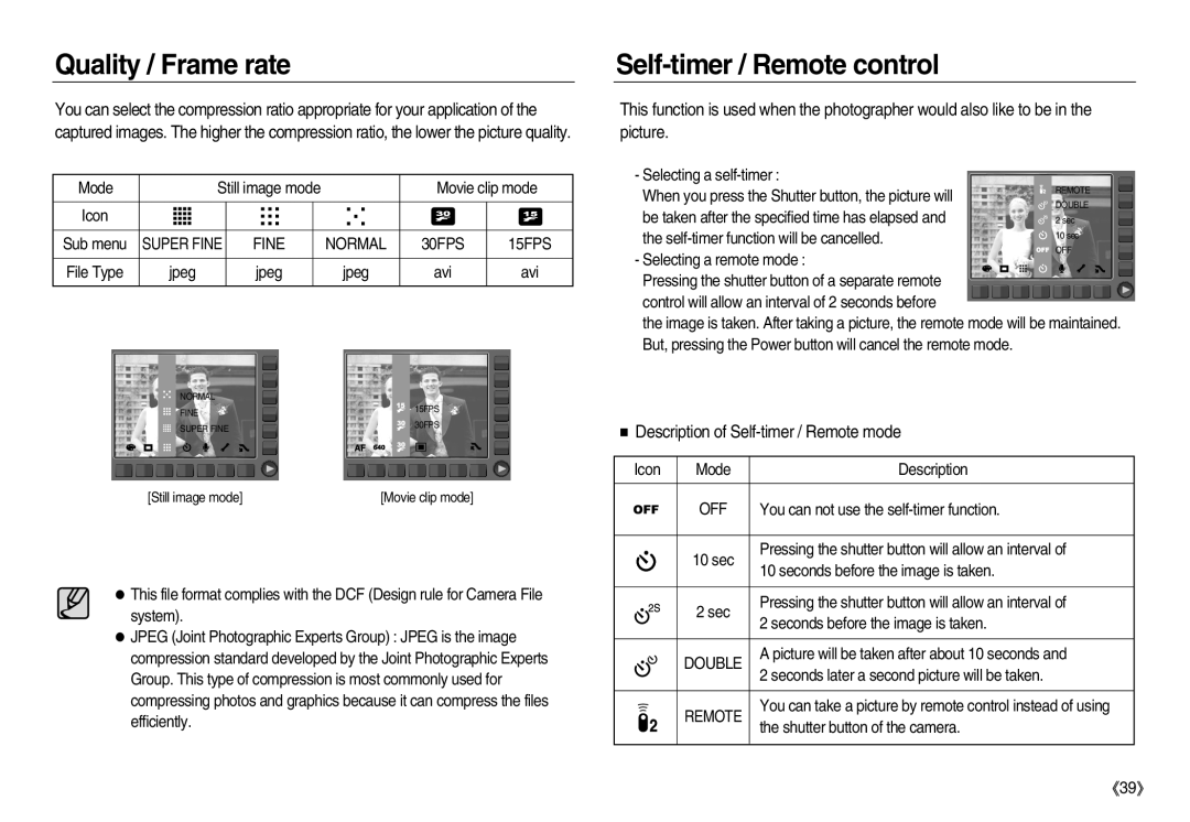 Samsung EC-NV20ZBBE/AS manual Quality / Frame rate, Self-timer / Remote control, Description of Self-timer / Remote mode 