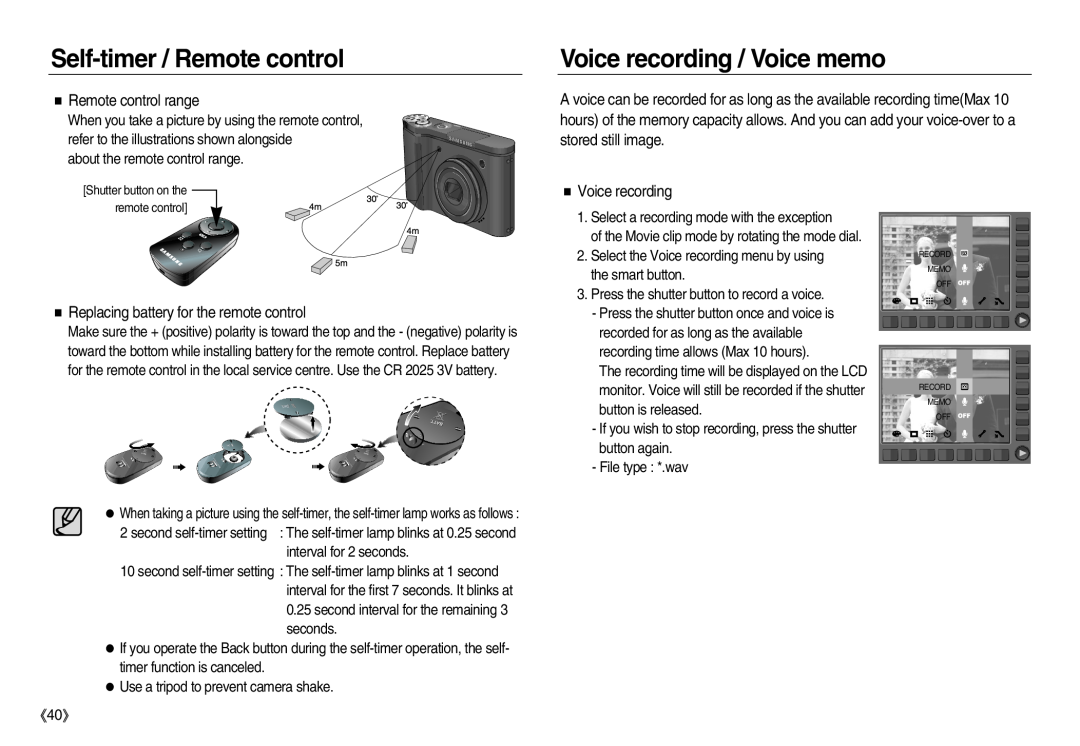 Samsung EC-NV20ZBSA/E1 manual Voice recording / Voice memo, Remote control range, Replacing battery for the remote control 