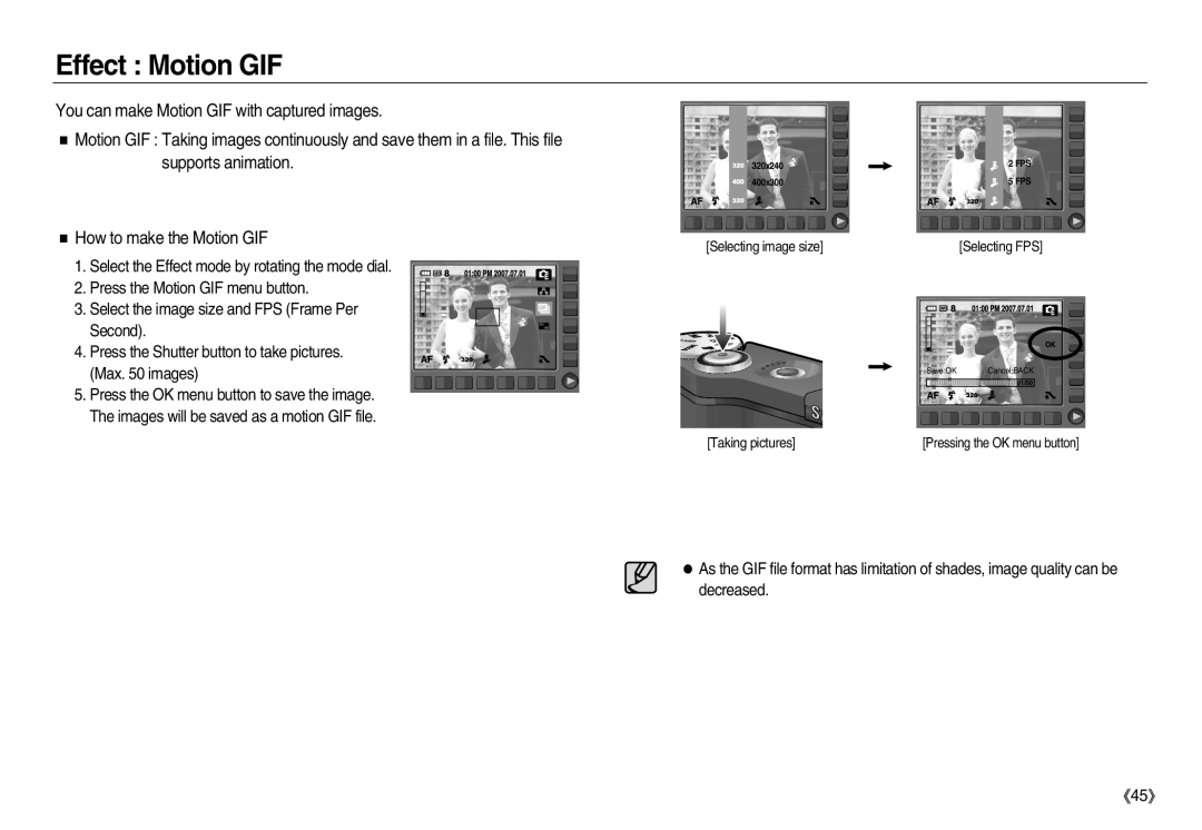 Samsung EC-NV20ZBBC/E1 manual Effect Motion GIF, You can make Motion GIF with captured images, How to make the Motion GIF 