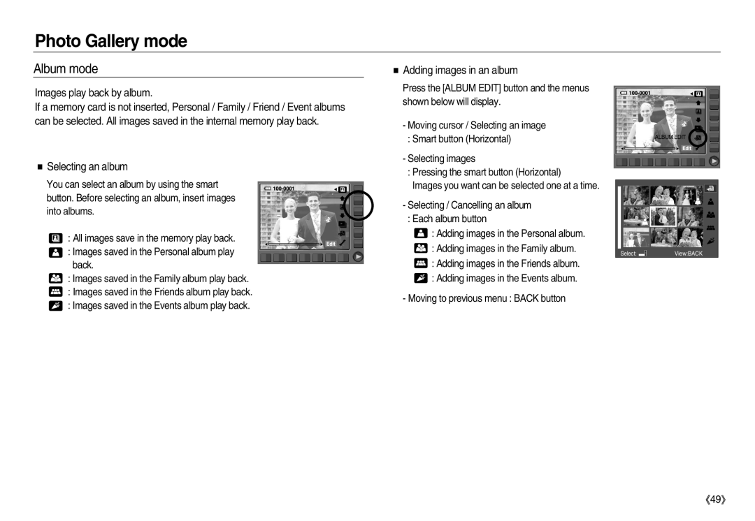 Samsung EC-NV20ZSBA/AU, EC-NV20ZSAA Album mode, Images play back by album, Selecting an album, Adding images in an album 