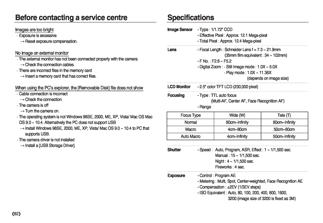 Samsung EC-NV20ZBBA/CA Specifications, Images are too bright, No image on external monitor, Image Sensor, Lens, Focusing 