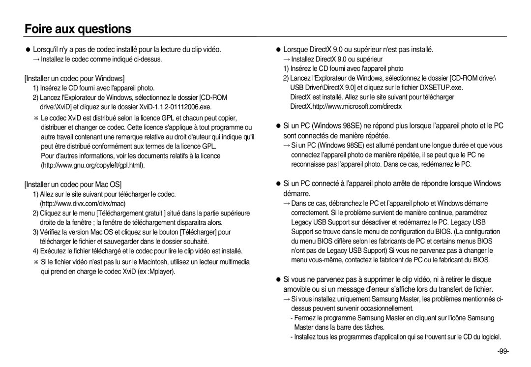 Samsung EC-NV20ZBBA/E3, EC-NV20ZSBA/E3, EC-NV20ZSBA/FR manual Installer un codec pour Windows, Installer un codec pour Mac OS 