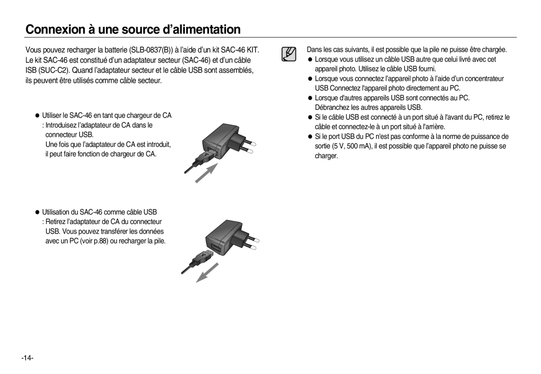 Samsung EC-NV20ZSBA/E2, EC-NV20ZSBA/E3, EC-NV20ZSBA/FR, EC-NV20ZBBA/FR, EC-NV20ZSBA/E1 Connexion à une source d’alimentation 