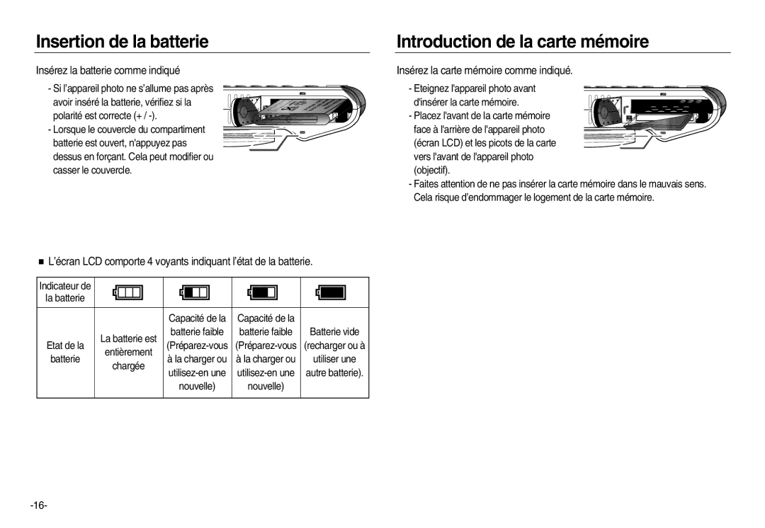 Samsung EC-NV20ZSBA/FR, EC-NV20ZSBA/E3, EC-NV20ZBBA/FR manual Insertion de la batterie Introduction de la carte mémoire 