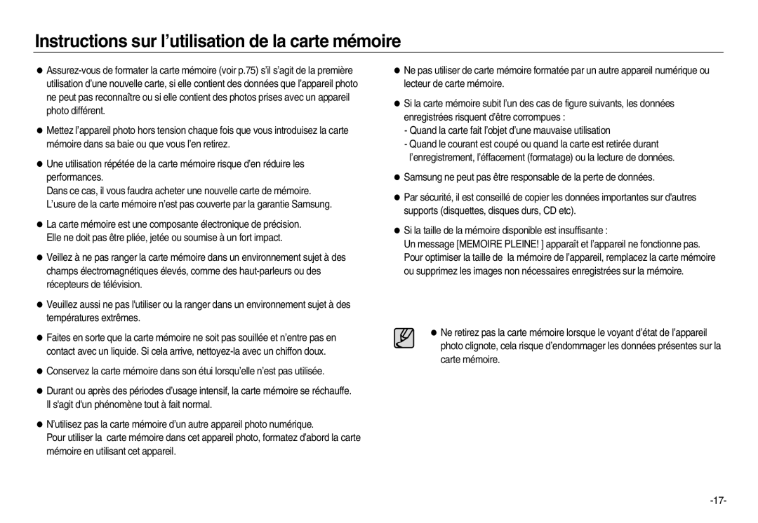 Samsung EC-NV20ZBBA/FR, EC-NV20ZSBA/E3, EC-NV20ZSBA/FR, EC-NV20ZSBA/E1 Instructions sur l’utilisation de la carte mémoire 