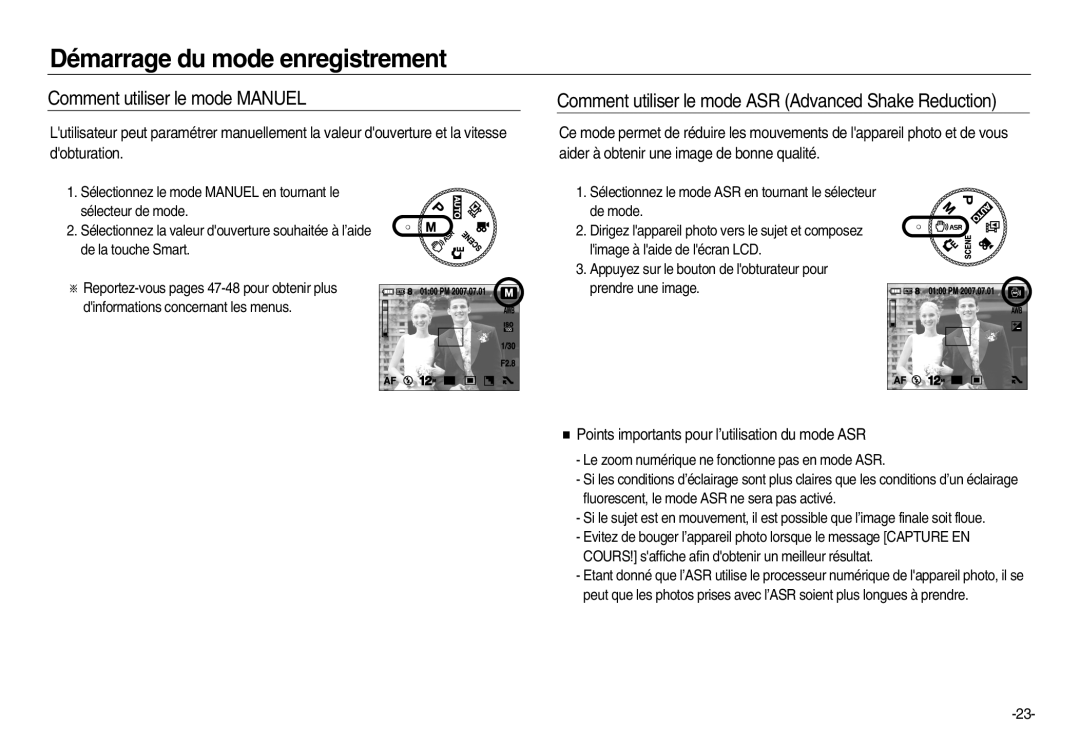 Samsung EC-NV20ZSBA/E3 manual Comment utiliser le mode Manuel, Comment utiliser le mode ASR Advanced Shake Reduction 