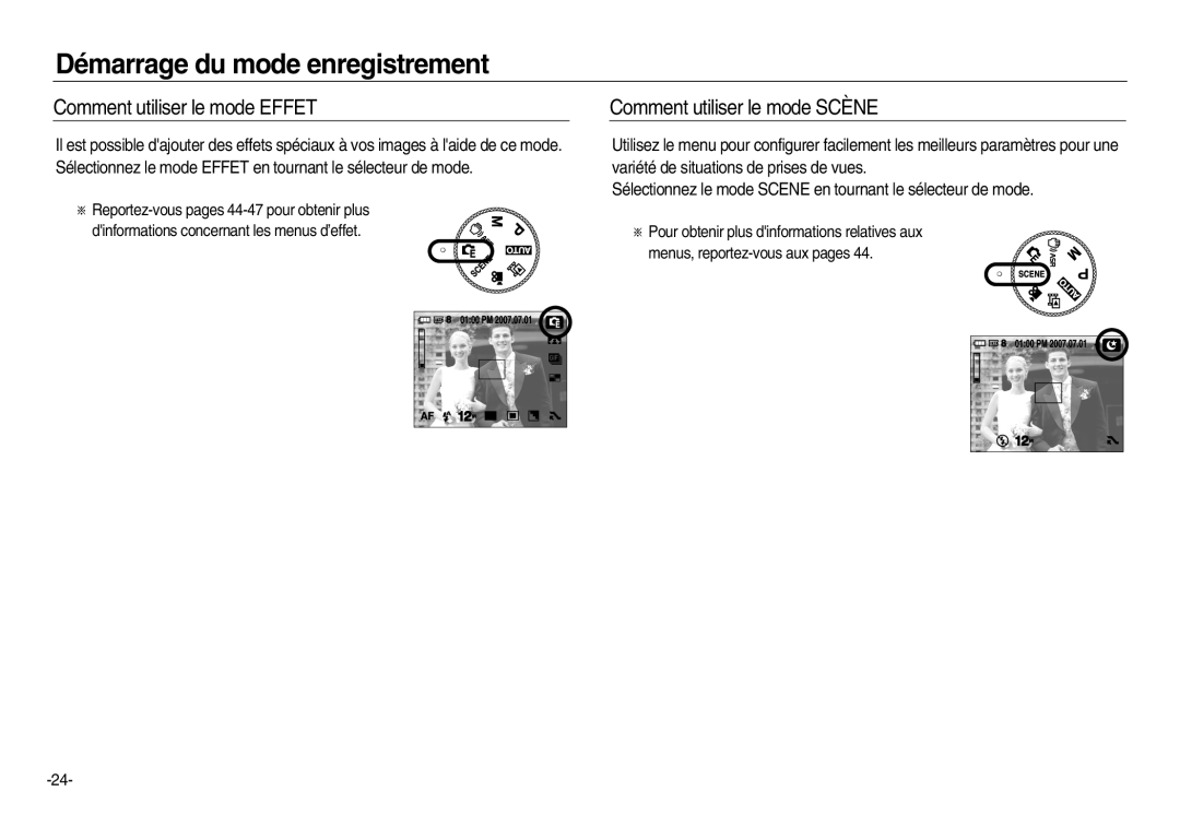 Samsung EC-NV20ZSBA/FR, EC-NV20ZSBA/E3, EC-NV20ZBBA/FR manual Comment utiliser le mode Effet, Comment utiliser le mode Scène 