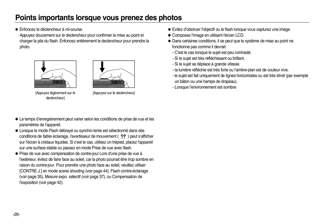 Samsung EC-NV20ZSBA/E1, EC-NV20ZSBA/E3, EC-NV20ZSBA/FR, EC-NV20ZBBA/FR manual Points importants lorsque vous prenez des photos 