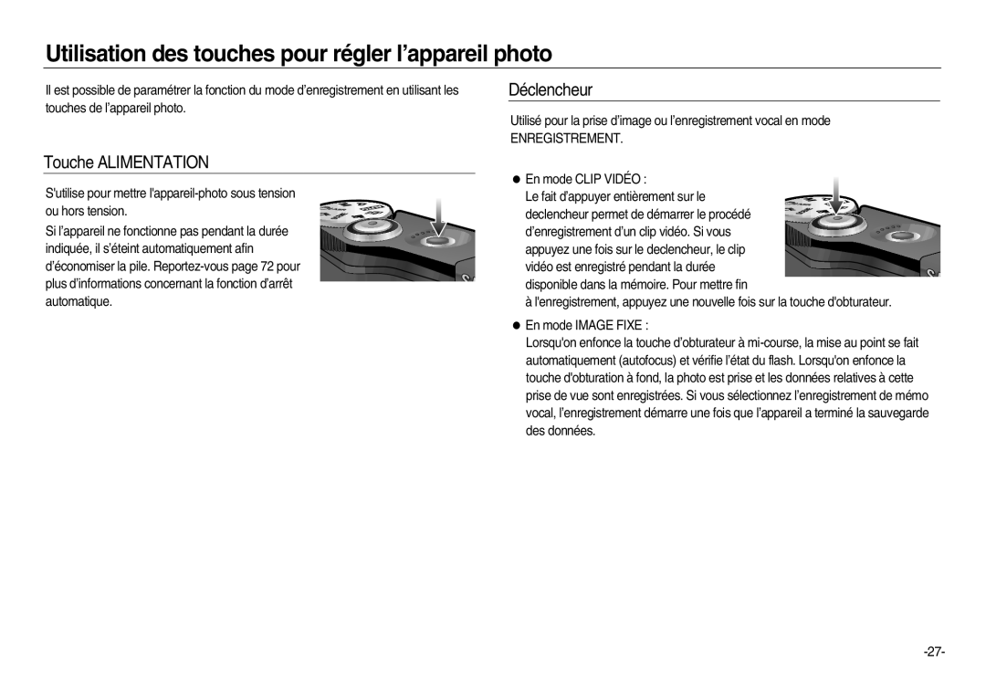 Samsung EC-NV20ZBBA/E3 manual Utilisation des touches pour régler l’appareil photo, Touche Alimentation, Déclencheur 