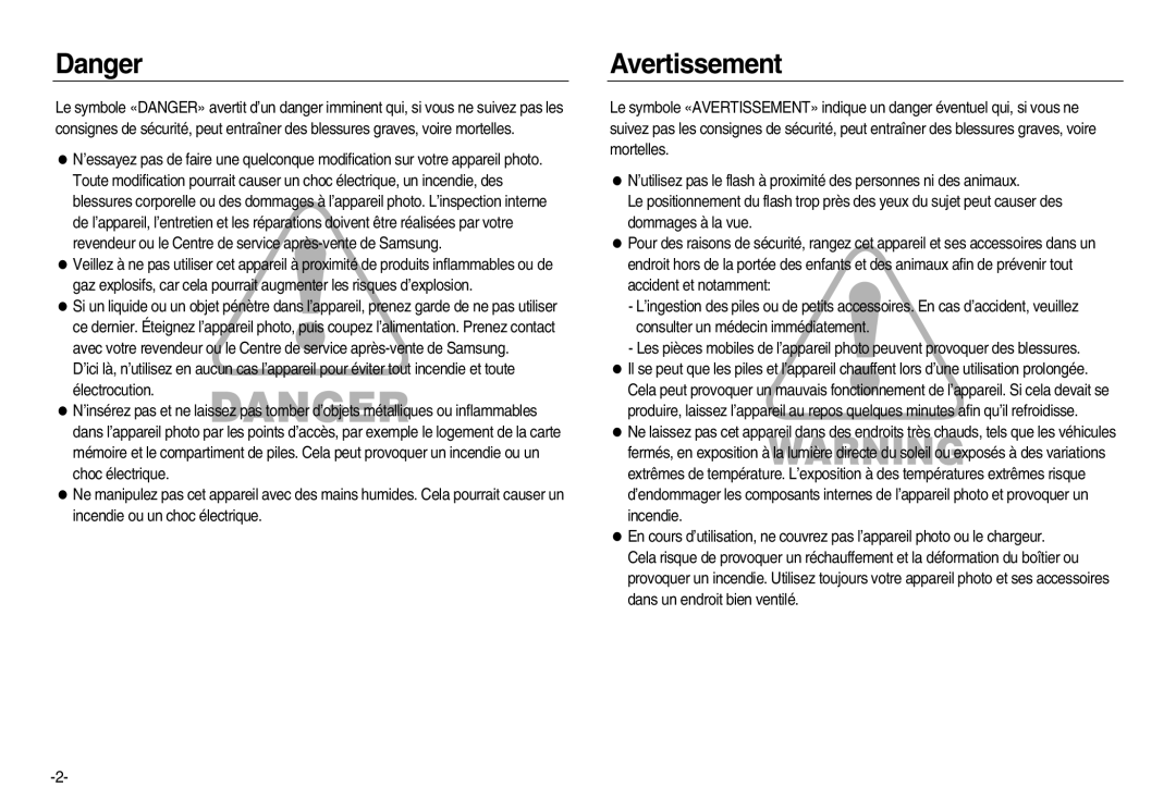 Samsung EC-NV20ZSBA/E1, EC-NV20ZSBA/E3, EC-NV20ZSBA/FR, EC-NV20ZBBA/FR, EC-NV20ZBBA/E3, EC-NV20ZBBA/E1 manual Avertissement 