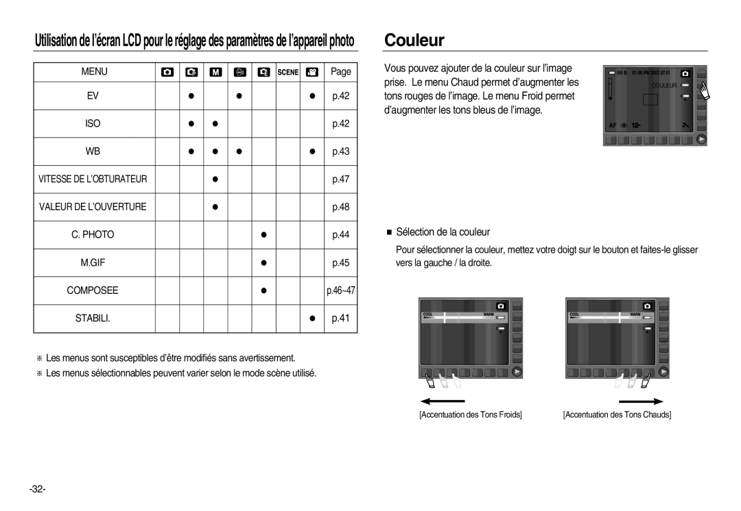 Samsung EC-NV20ZSBA/FR, EC-NV20ZSBA/E3, EC-NV20ZBBA/FR, EC-NV20ZSBA/E1 manual Couleur, Menu ISO, Photo GIF Composee, Stabili 