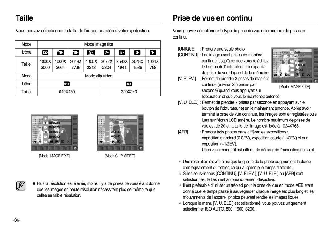 Samsung EC-NV20ZBBA/E1, EC-NV20ZSBA/E3, EC-NV20ZSBA/FR, EC-NV20ZBBA/FR, EC-NV20ZSBA/E1 manual Taille, Prise de vue en continu 