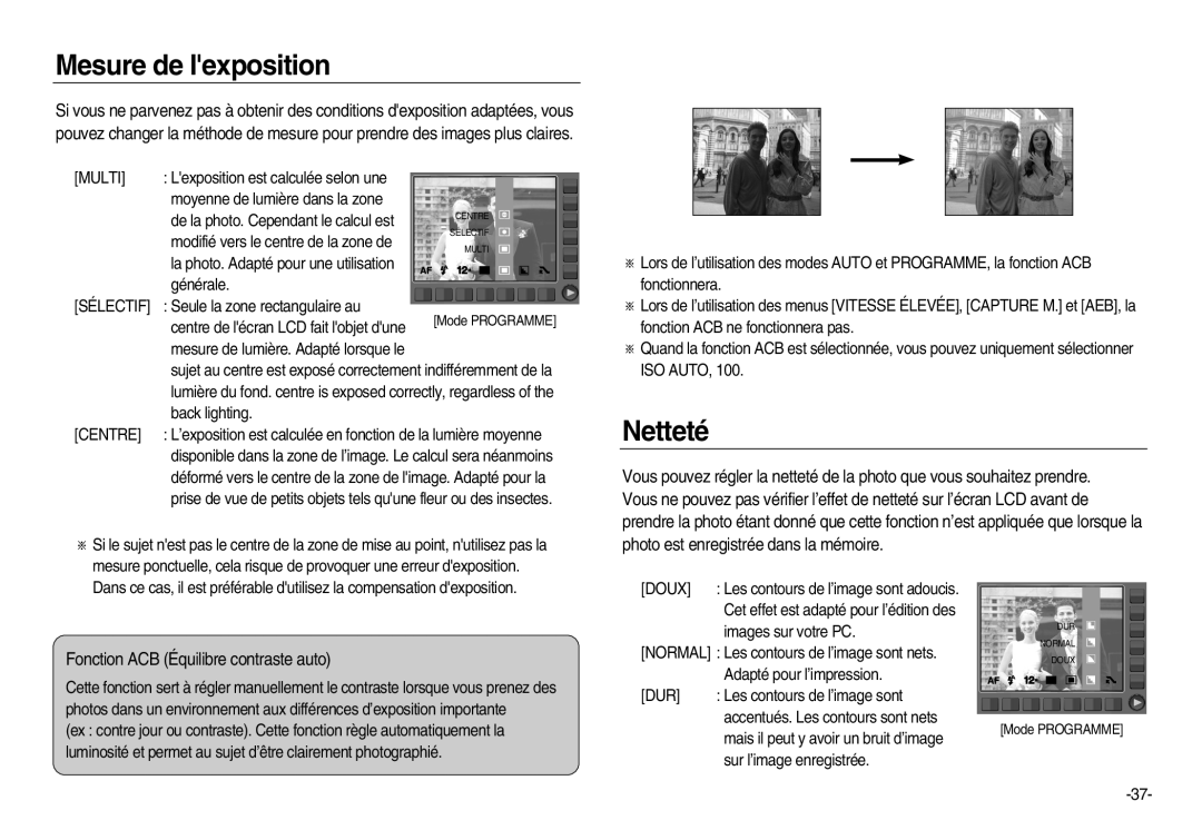 Samsung EC-NV20ZBBA/E2, EC-NV20ZSBA/E3 manual Mesure de lexposition, Netteté, Fonction ACB Équilibre contraste auto 