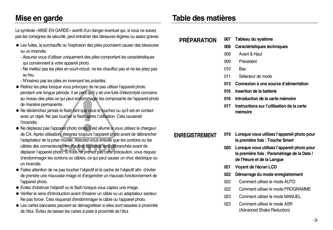 Samsung EC-NV20ZBBA/E3, EC-NV20ZSBA/E3, EC-NV20ZSBA/FR, EC-NV20ZBBA/FR manual Mise en garde Table des matières, Préparation 