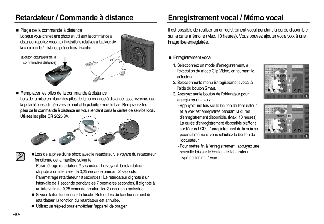 Samsung EC-NV20ZSBA/FR, EC-NV20ZSBA/E3, EC-NV20ZBBA/FR Enregistrement vocal / Mémo vocal, Plage de la commande à distance 