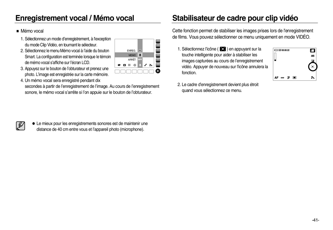 Samsung EC-NV20ZBBA/FR, EC-NV20ZSBA/E3, EC-NV20ZSBA/FR, EC-NV20ZSBA/E1 Stabilisateur de cadre pour clip vidéo, Mémo vocal 