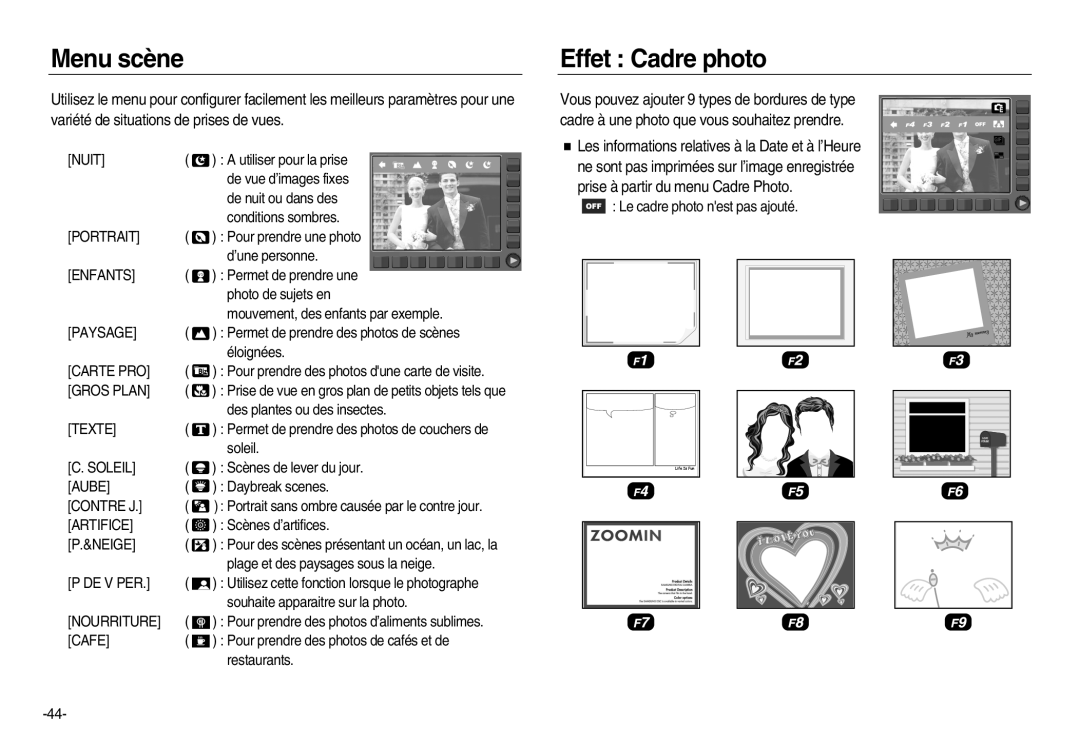 Samsung EC-NV20ZBBA/E1, EC-NV20ZSBA/E3, EC-NV20ZSBA/FR, EC-NV20ZBBA/FR Menu scène, Effet Cadre photo, Contre J, Nourriture 