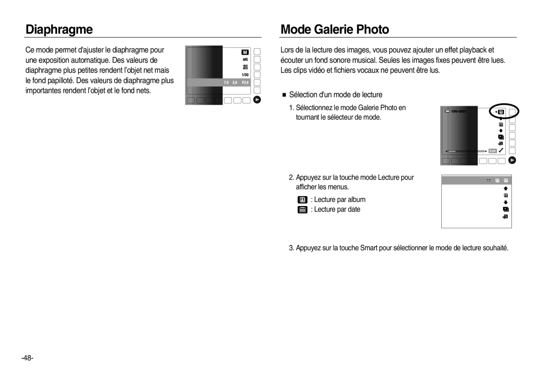 Samsung EC-NV20ZSBA/FR, EC-NV20ZSBA/E3, EC-NV20ZBBA/FR manual Diaphragme, Mode Galerie Photo, Sélection dun mode de lecture 