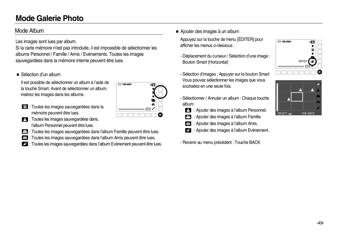 Samsung EC-NV20ZBBA/FR Mode Album, Les images sont lues par album, Ajouter des images à un album, Sélection d’un album 