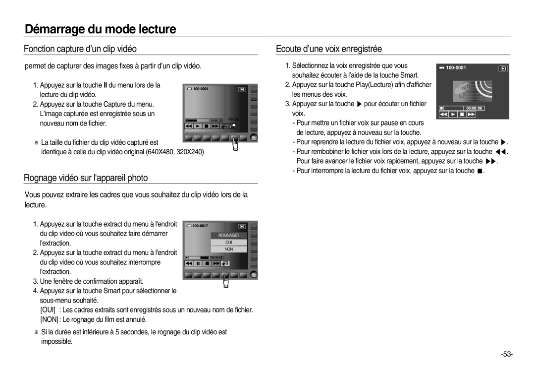 Samsung EC-NV20ZBBA/E2 Fonction capture d’un clip vidéo, Ecoute d’une voix enregistrée, Rognage vidéo sur lappareil photo 