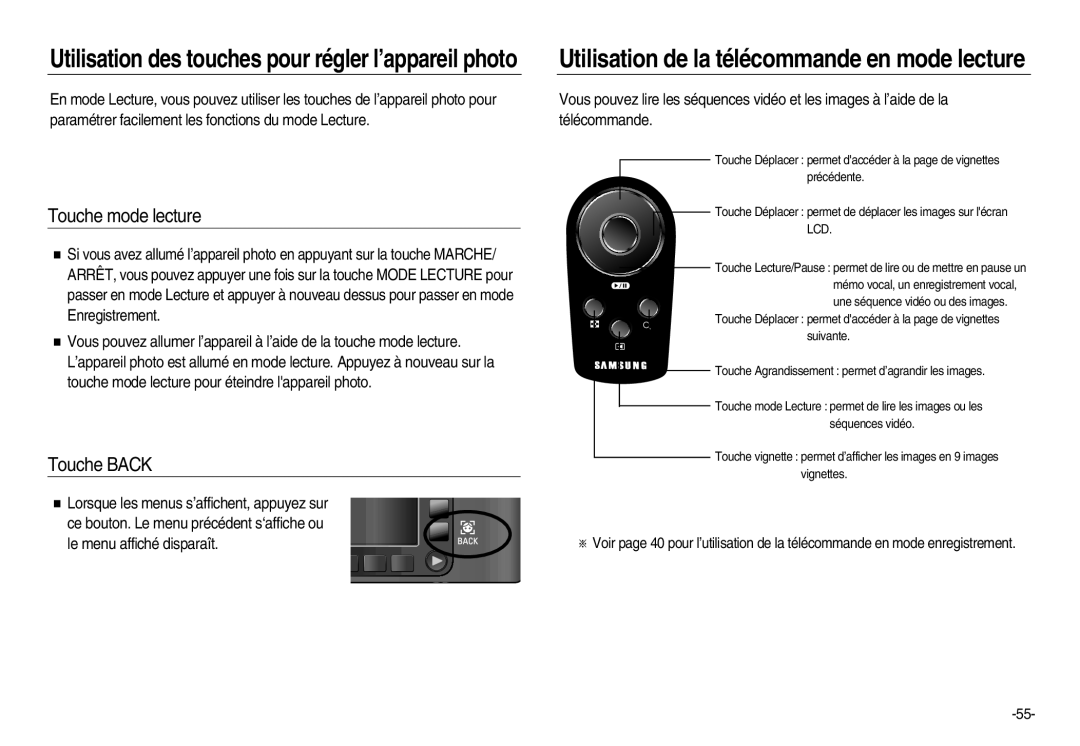 Samsung EC-NV20ZSBA/E3, EC-NV20ZSBA/FR, EC-NV20ZBBA/FR, EC-NV20ZSBA/E1, EC-NV20ZBBA/E3 manual Touche mode lecture, Touche Back 