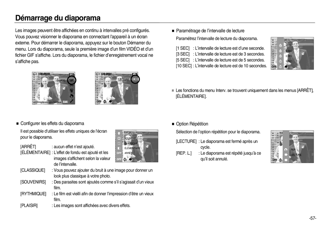 Samsung EC-NV20ZBBA/FR, EC-NV20ZSBA/E3 manual Démarrage du diaporama, Configurer les effets du diaporama, Option Répétition 