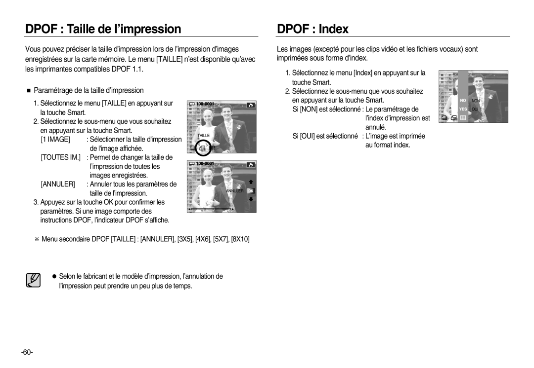 Samsung EC-NV20ZBBA/E1 manual Dpof Taille de l’impression, Dpof Index, Paramétrage de la taille d’impression, Toutes IM 