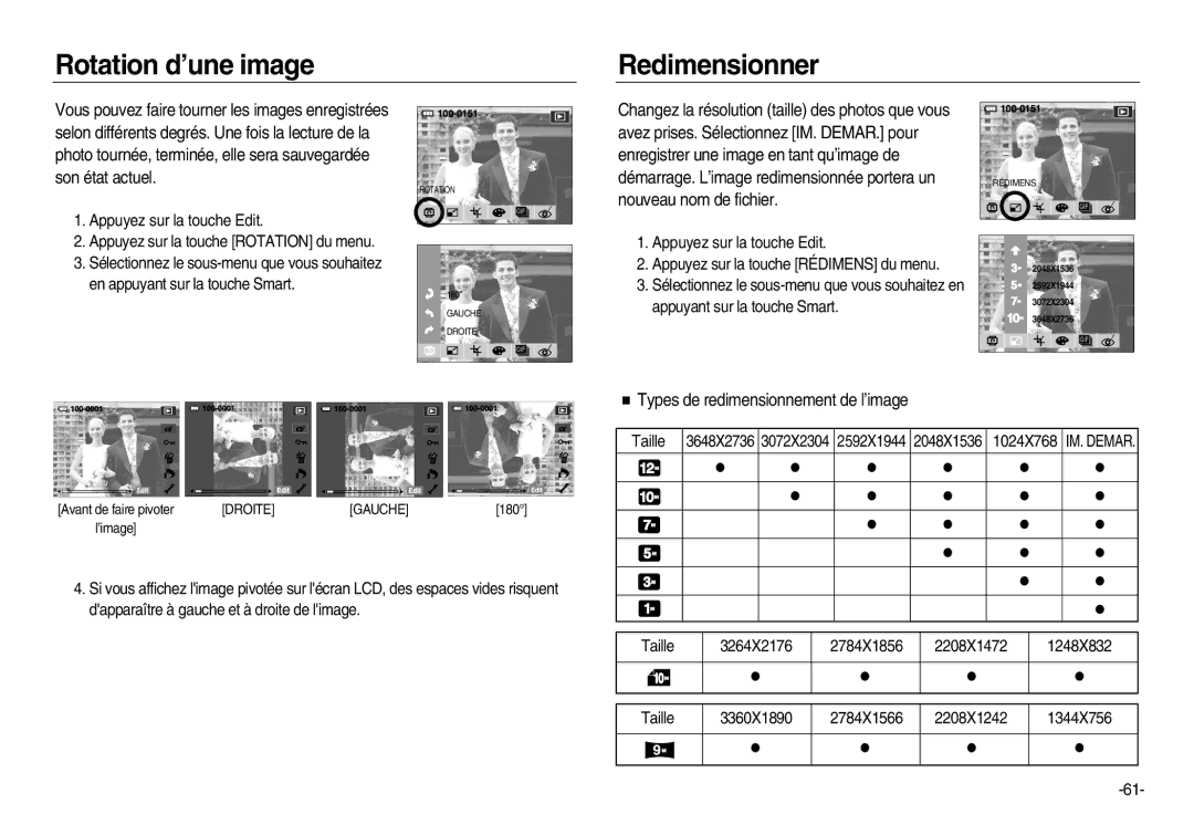 Samsung EC-NV20ZBBA/E2, EC-NV20ZSBA/E3 manual Rotation d’une image Redimensionner, Types de redimensionnement de l’image 