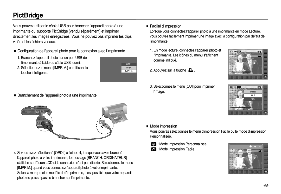 Samsung EC-NV20ZBBA/FR, EC-NV20ZSBA/E3 PictBridge, Branchement de l’appareil photo à une imprimante, Facilité d’impression 