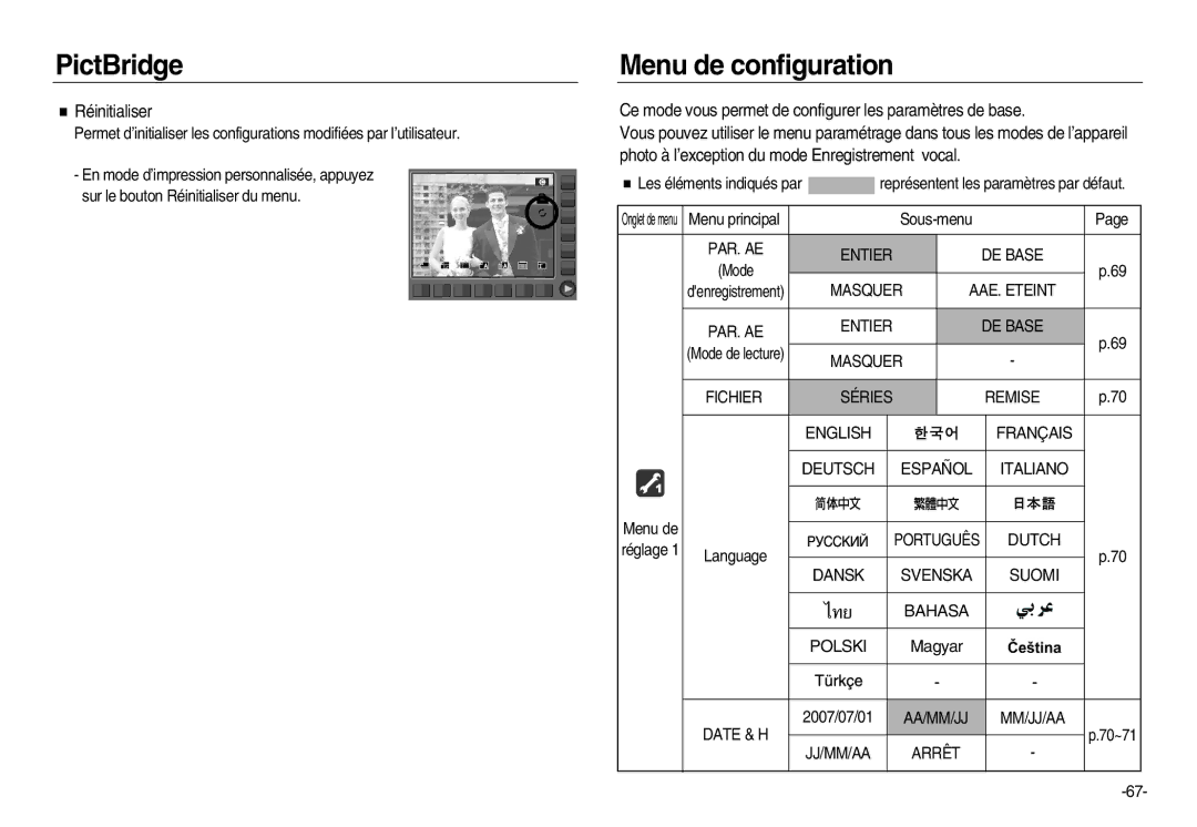 Samsung EC-NV20ZBBA/E3, EC-NV20ZSBA/E3, EC-NV20ZSBA/FR, EC-NV20ZBBA/FR, EC-NV20ZSBA/E1 Menu de configuration, Réinitialiser 