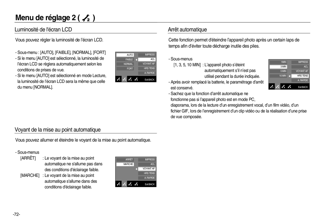 Samsung EC-NV20ZSBA/FR, EC-NV20ZSBA/E3 Luminosité de lécran LCD Arrêt automatique, Voyant de la mise au point automatique 