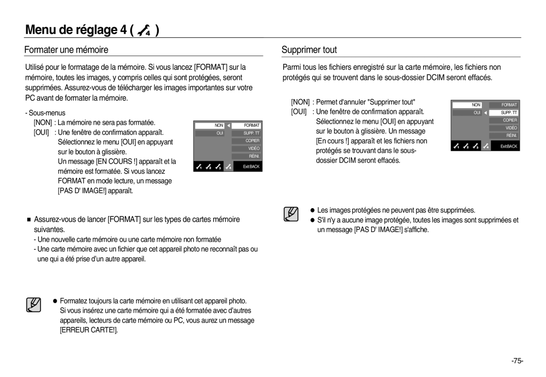 Samsung EC-NV20ZBBA/E3, EC-NV20ZSBA/E3, EC-NV20ZSBA/FR, EC-NV20ZBBA/FR, EC-NV20ZSBA/E1 Formater une mémoire, Supprimer tout 