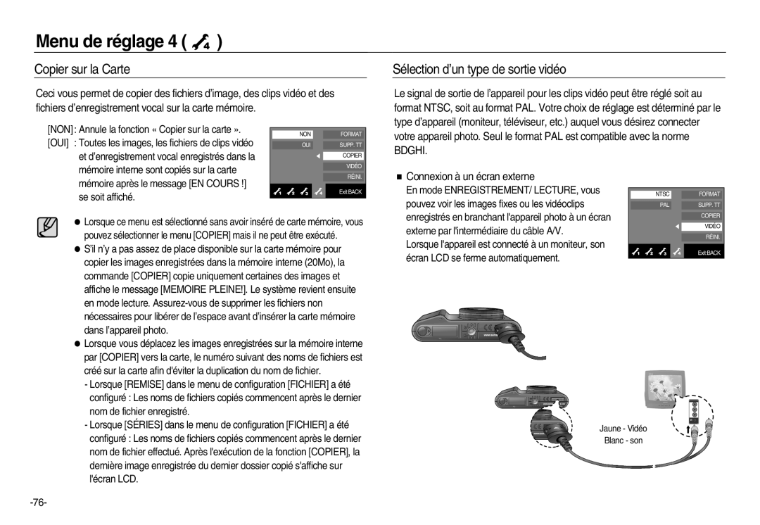 Samsung EC-NV20ZBBA/E1 manual Copier sur la Carte, Sélection d’un type de sortie vidéo, Connexion à un écran externe 