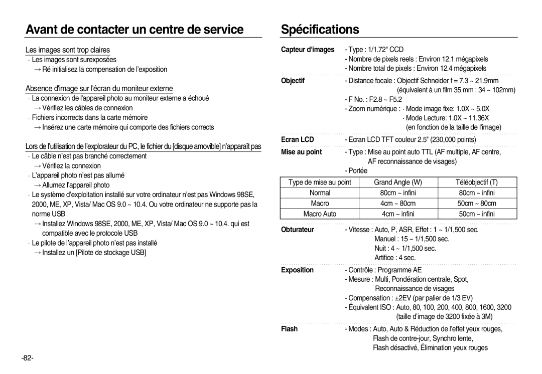 Samsung EC-NV20ZSBA/E1 manual Spécifications, Les images sont trop claires, Absence dimage sur lécran du moniteur externe 