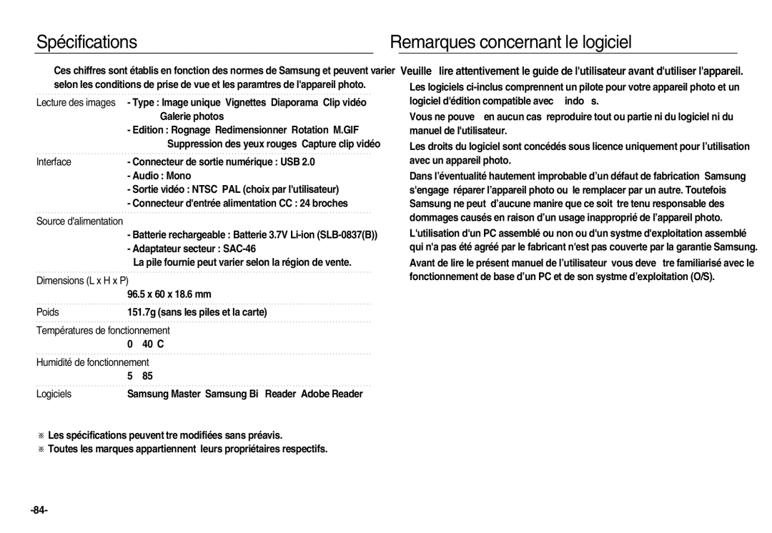 Samsung EC-NV20ZBBA/E1, EC-NV20ZSBA/E3, EC-NV20ZSBA/FR, EC-NV20ZBBA/FR manual Remarques concernant le logiciel, Interface 