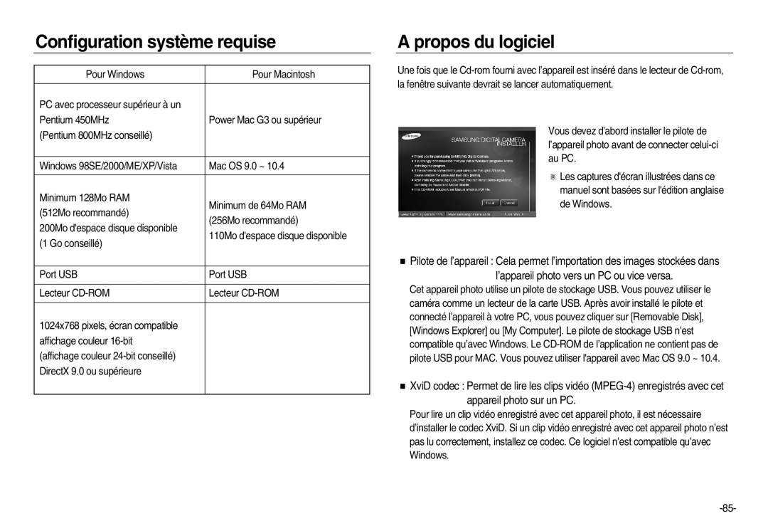 Samsung EC-NV20ZBBA/E2, EC-NV20ZSBA/E3, EC-NV20ZSBA/FR, EC-NV20ZBBA/FR Configuration système requise, Propos du logiciel 