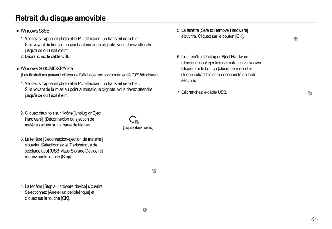 Samsung EC-NV20ZBBA/E3, EC-NV20ZSBA/E3, EC-NV20ZSBA/FR Retrait du disque amovible, Windows 98SE, Windows 2000/ME/XP/Vista 