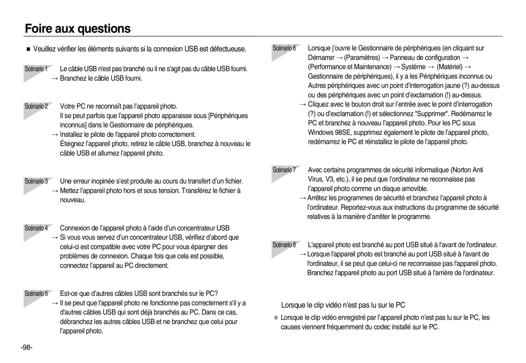 Samsung EC-NV20ZSBA/E1, EC-NV20ZSBA/E3, EC-NV20ZSBA/FR Foire aux questions, Lorsque le clip vidéo n’est pas lu sur le PC 