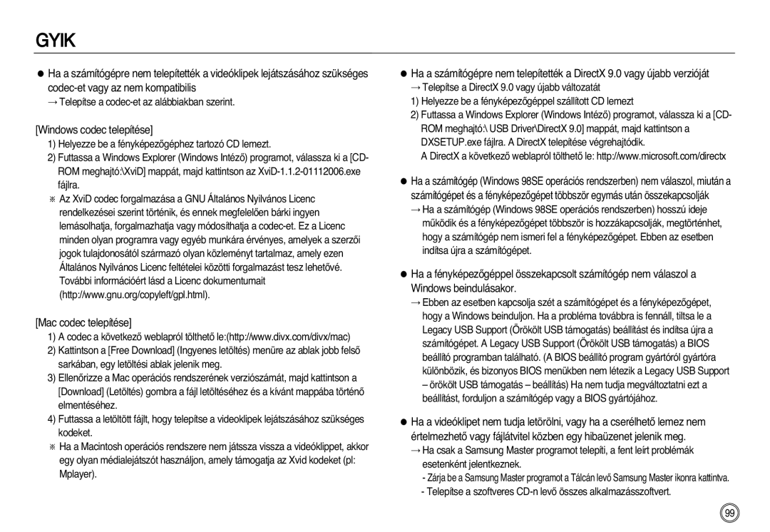 Samsung EC-NV20ZSBA/FR, EC-NV20ZBBA/FR, EC-NV20ZSBA/E1, EC-NV20ZBBA/E3 manual Windows codec telepítése, Mac codec telepítése 