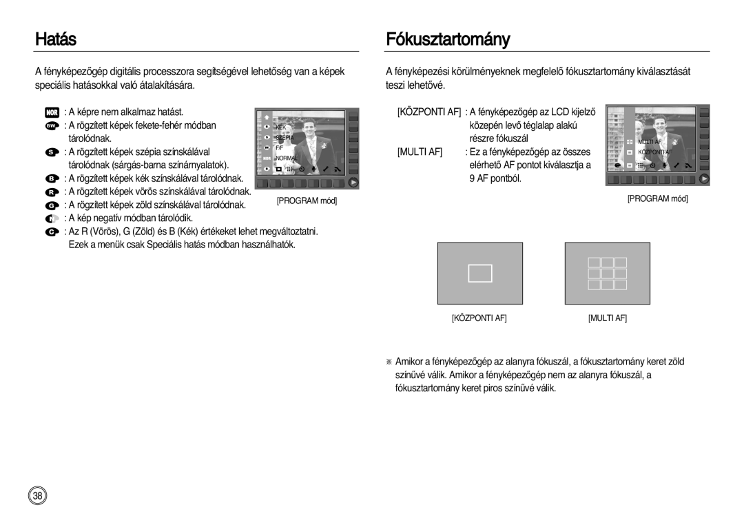 Samsung EC-NV20ZBBC/E1 manual Hatás Fókusztartomány, Speciális hatásokkal való átalakítására Teszi lehetŒvé, Multi AF 