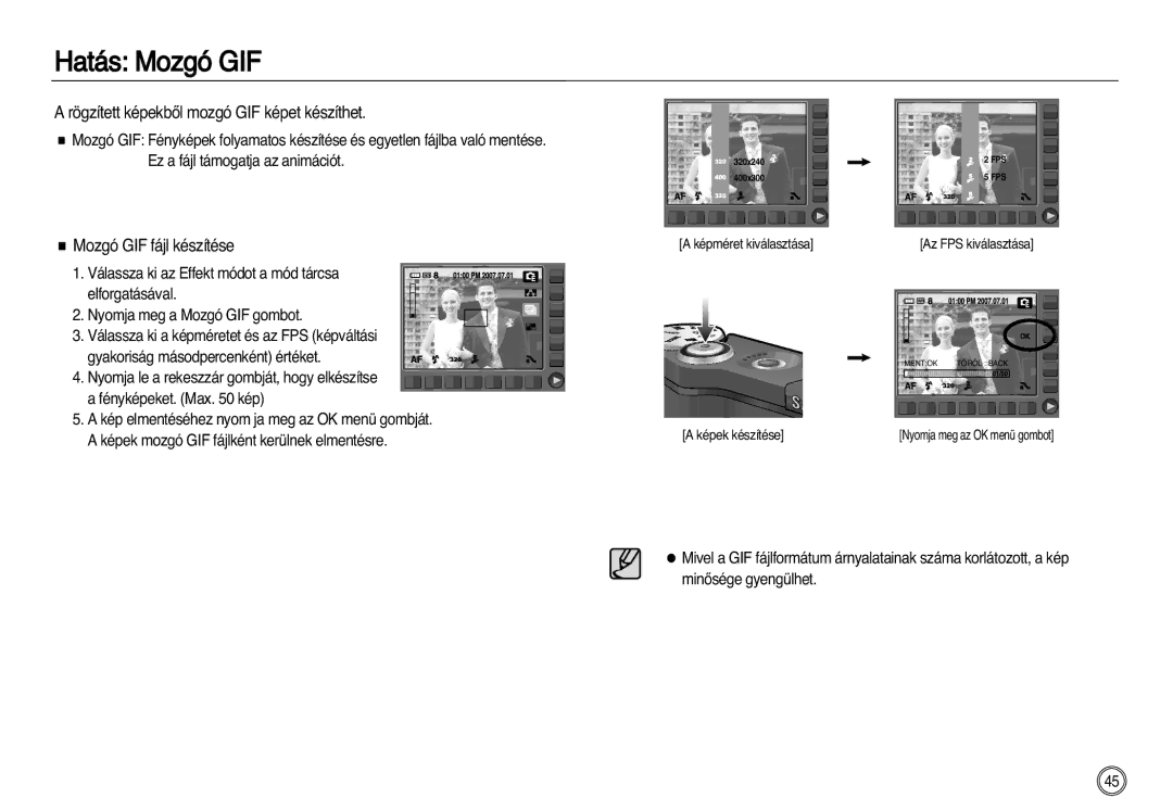 Samsung EC-NV20ZSBA/E2 manual Hatás Mozgó GIF, Rögzített képekbŒl mozgó GIF képet készíthet, Mozgó GIF fájl készítése 