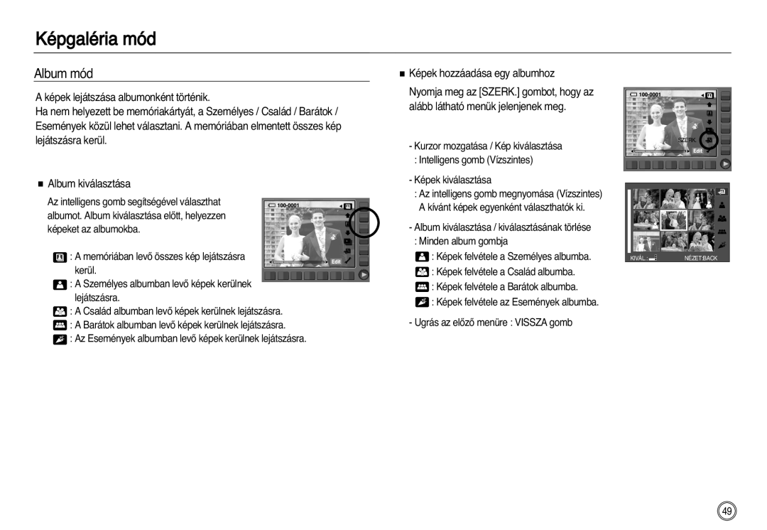 Samsung EC-NV20ZSBA/FR, EC-NV20ZBBA/FR, EC-NV20ZSBA/E1, EC-NV20ZBBA/E3 manual Album mód, Képek hozzáadása egy albumhoz 