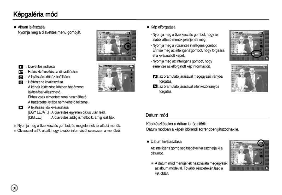 Samsung EC-NV20ZBBA/FR manual Dátum mód, Album lejátszása Nyomja meg a diavetítés menü gombját, Kép elforgatása, Ism.Lej 