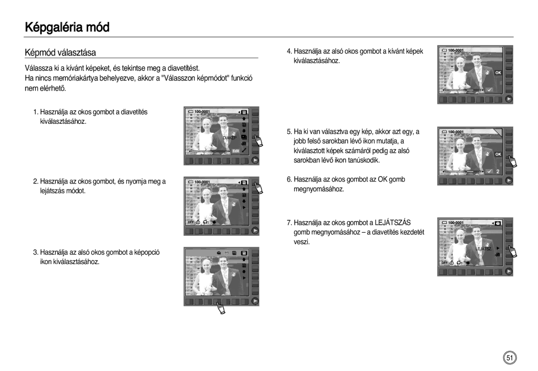 Samsung EC-NV20ZSBA/E1, EC-NV20ZSBA/FR manual Képmód választása, Használja az okos gombot a diavetítés kiválasztásához 